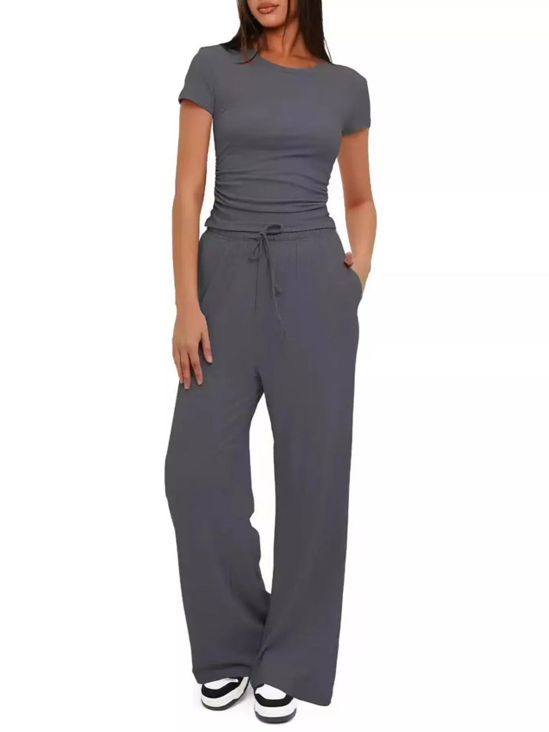 Charcoal two piece set with ruched crop top and drawstring wide leg pants
