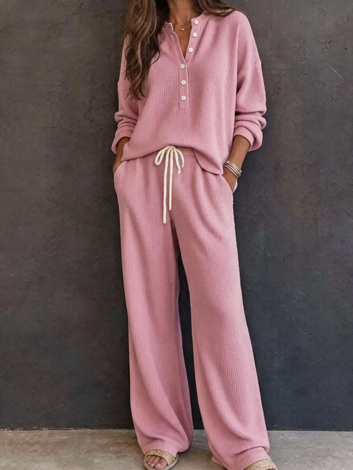 Dusty pink two piece set with waffle knit henley and wide leg pants, full view