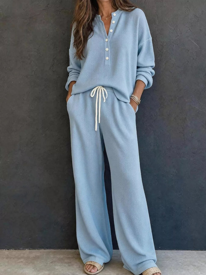 Light blue two piece set with waffle knit henley and wide leg pants, full view