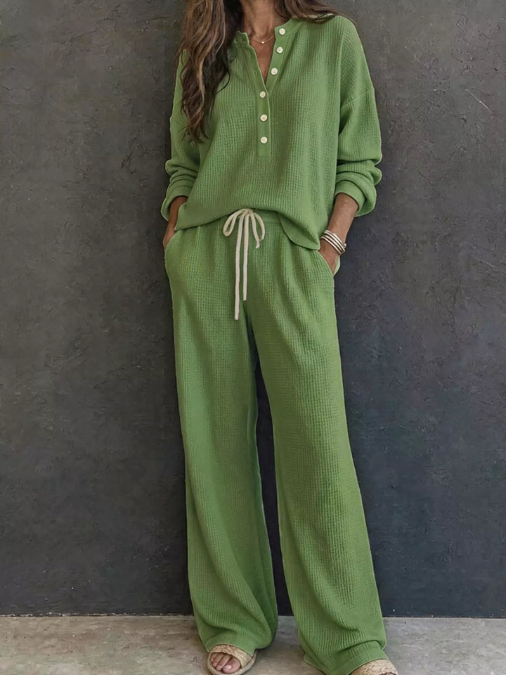 Matcha green two piece set with waffle knit henley and wide leg pants, full view