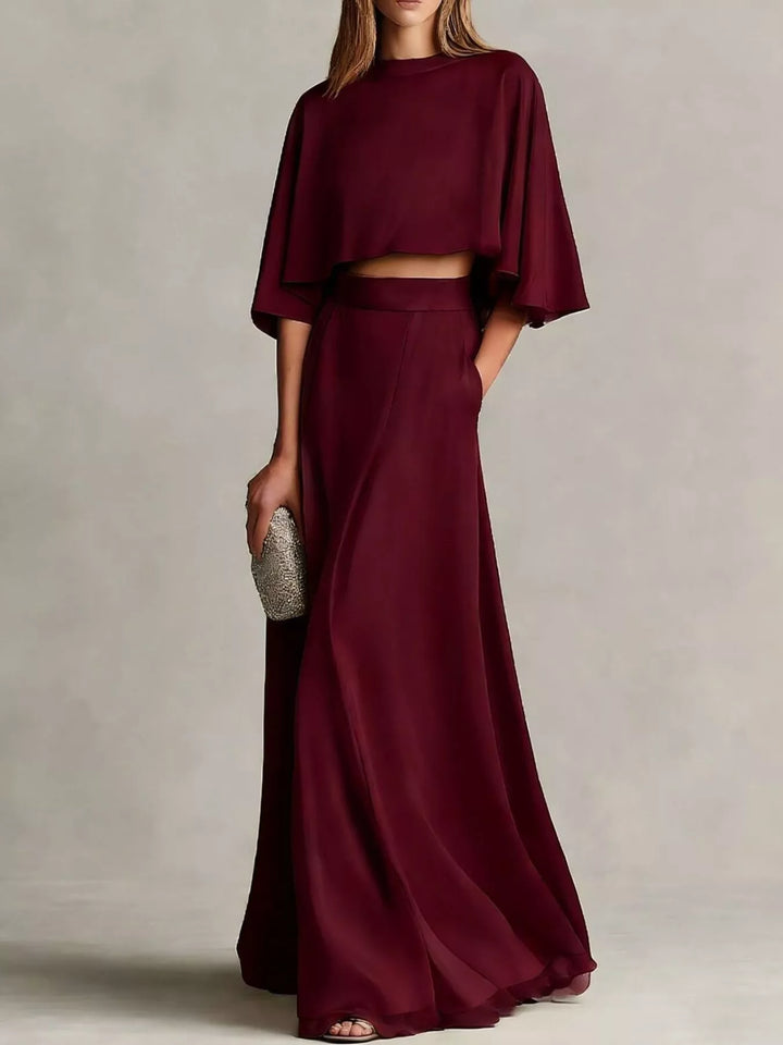 Burgundy satin look top and maxi skirt set, full length front view
