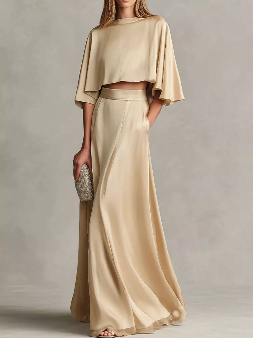 Women's two piece skirt set in champagne, satin look top and maxi skirt, full length