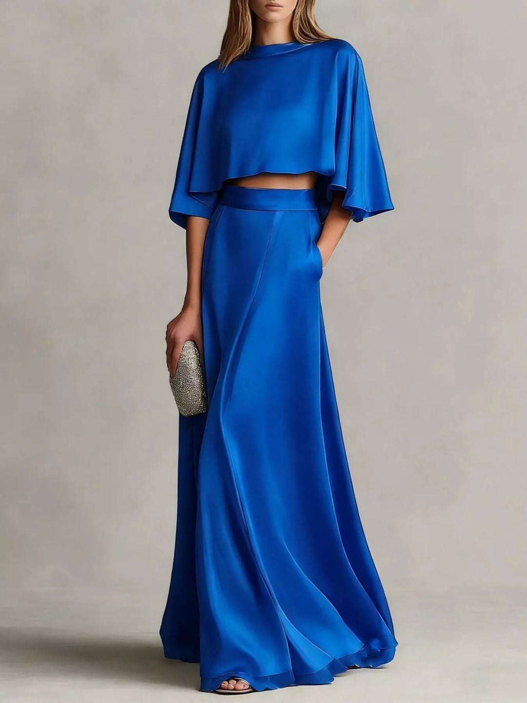 Royal blue satin look top and maxi skirt set, full length front view