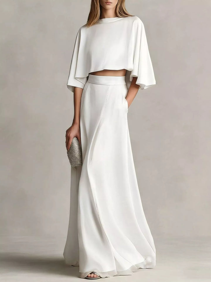 White satin look cropped top and maxi skirt set, full length front view