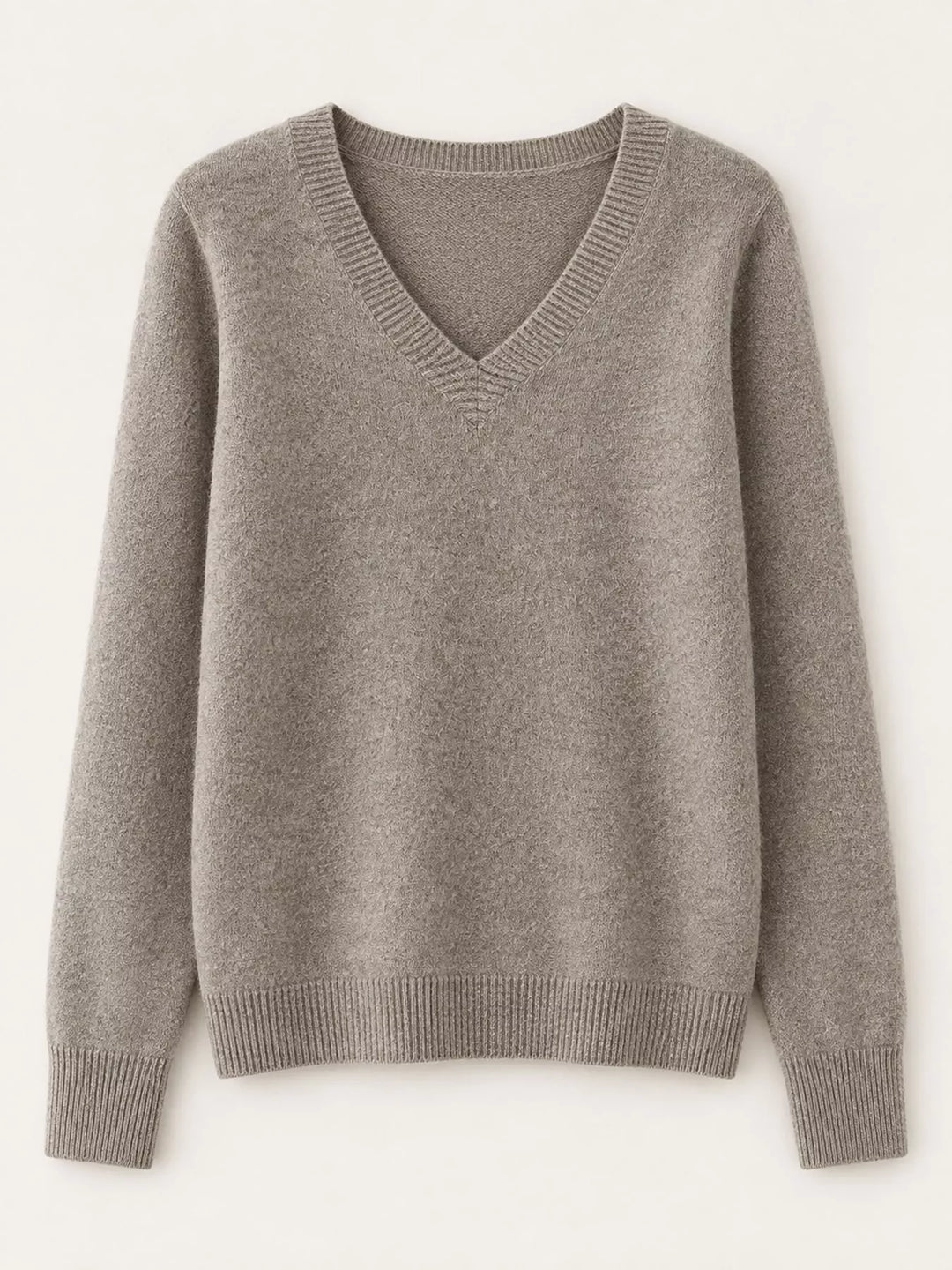Flat front view of the dark camel fine knit long sleeve V neck sweater