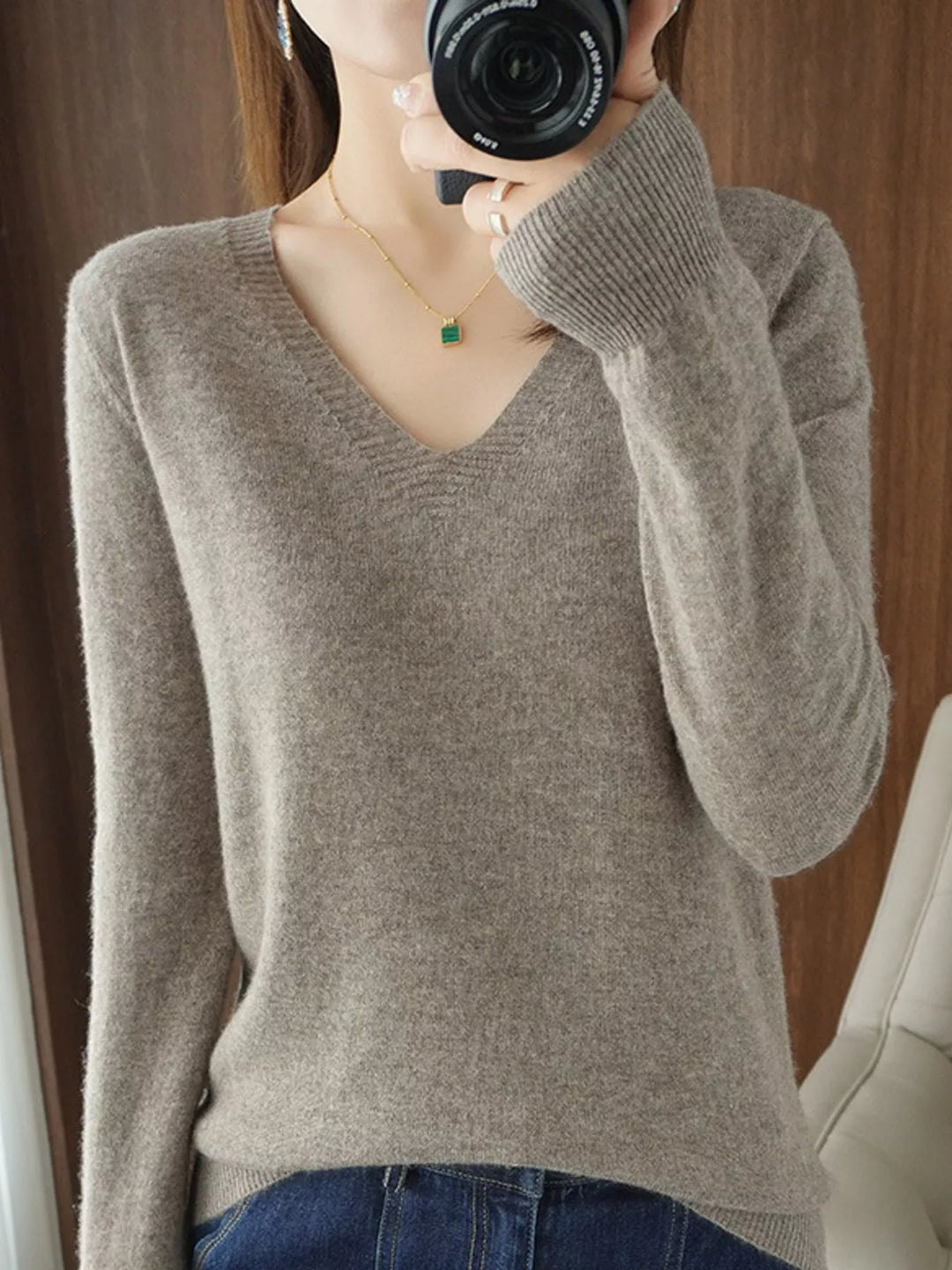 V neck sweater in dark camel, on-model front view with long sleeves