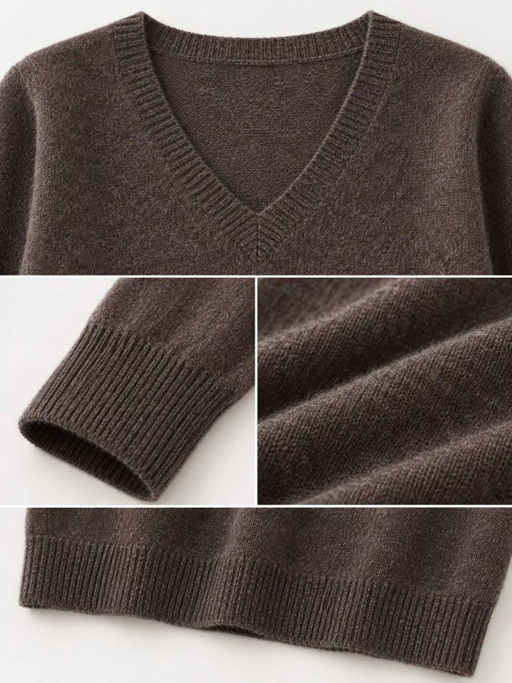 Close-up details of the dark coffee sweater neckline, ribbed cuff and hem