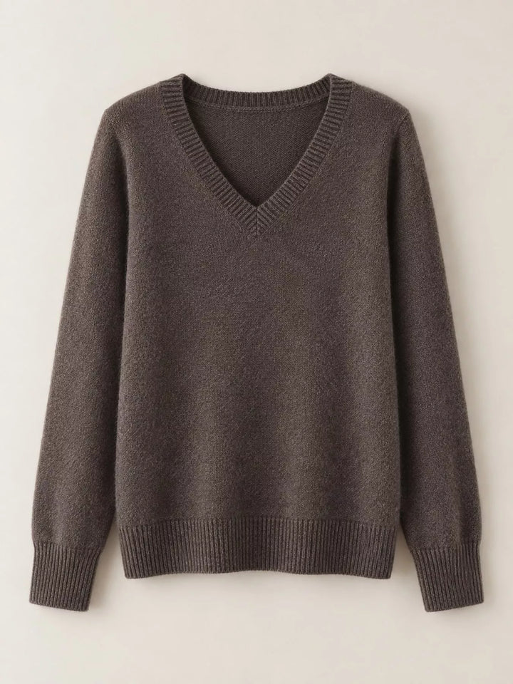Flat front view of the dark coffee fine knit long sleeve V neck sweater