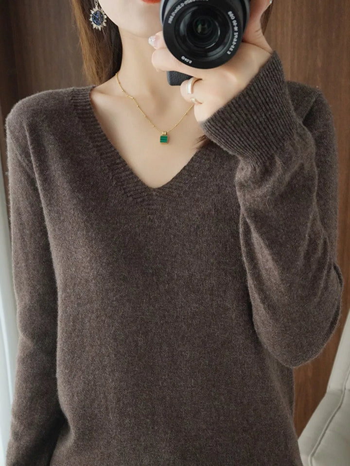 V neck sweater in dark coffee, on-model front view with long sleeves