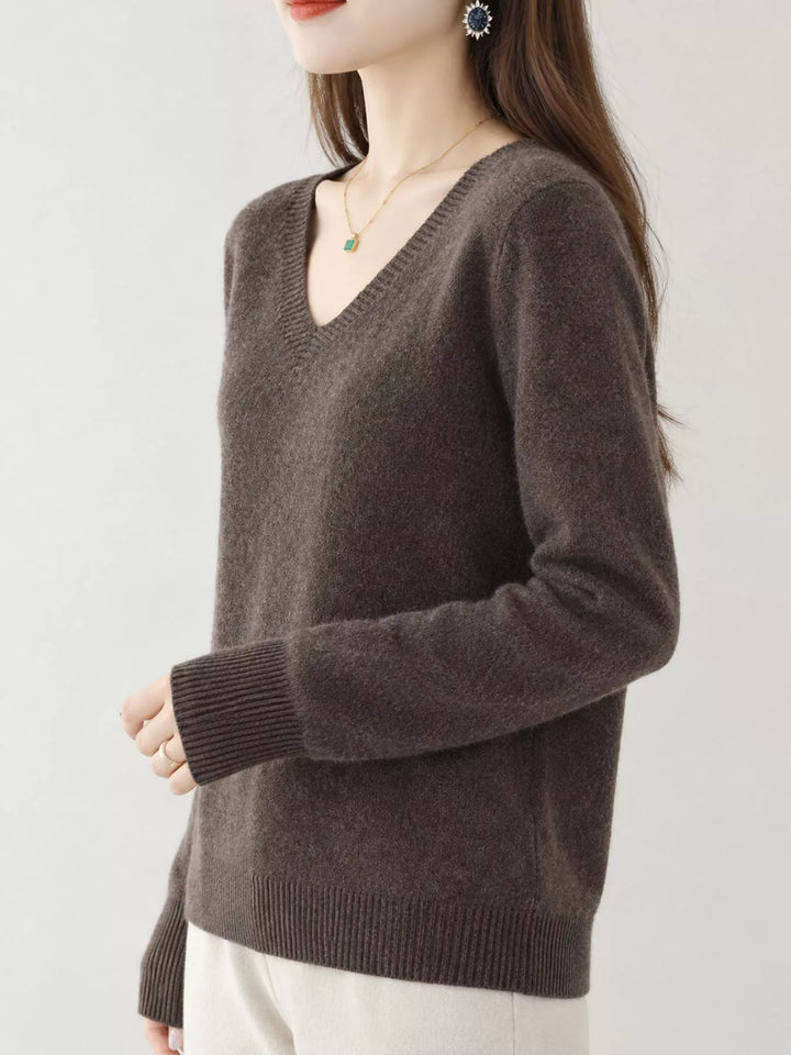 Dark Coffee V neck sweater worn on-model, side angle with a relaxed fit