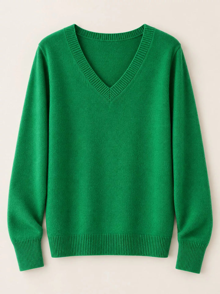 Flat front view of the emerald green fine knit long sleeve V neck sweater