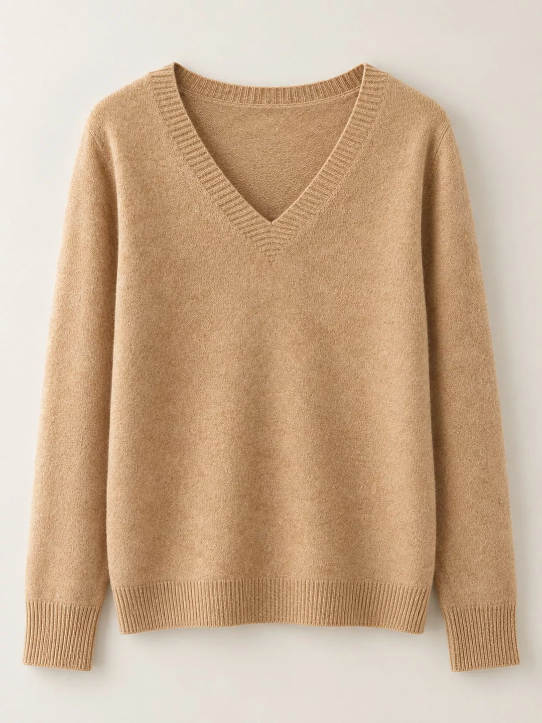 Flat front view of the golden camel fine knit long sleeve V neck sweater