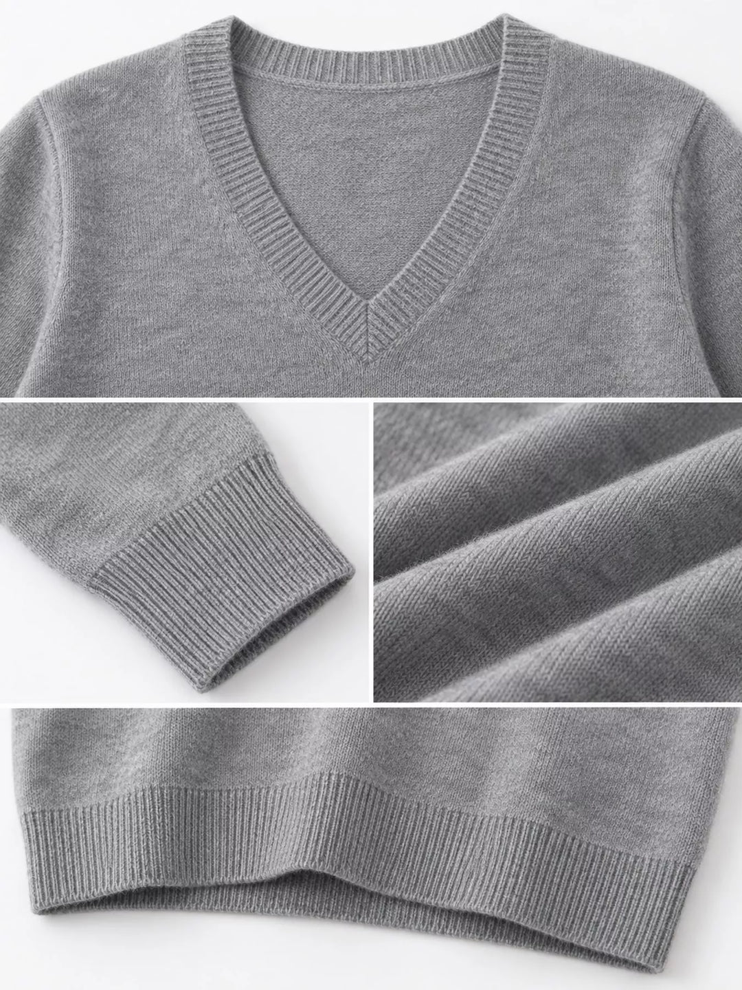 Close-up details of the gray sweater neckline, ribbed cuff and hem