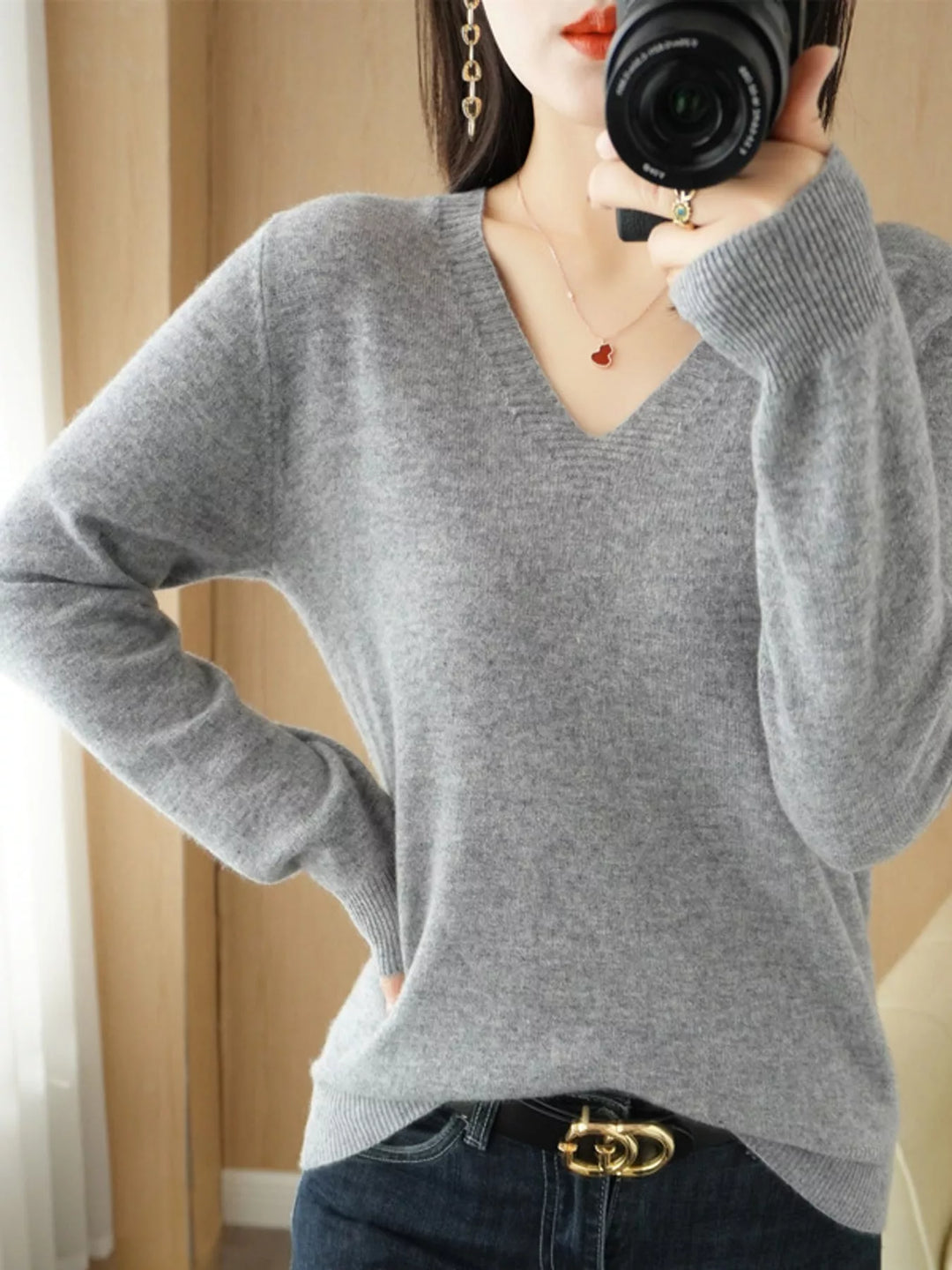 V neck sweater in gray, on-model front view with long sleeves