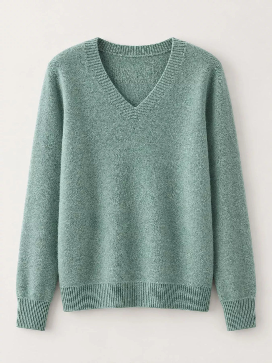 Flat front view of the leaf green fine knit long sleeve V neck sweater
