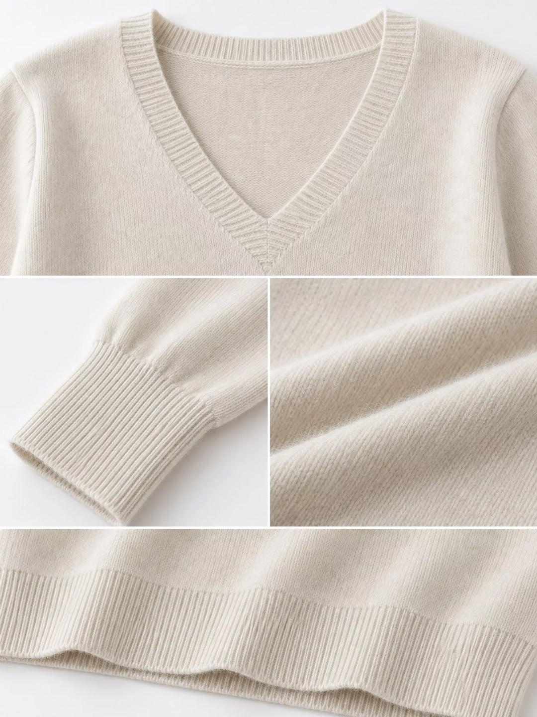 Close-up details of the light beige sweater neckline, ribbed cuff and hem