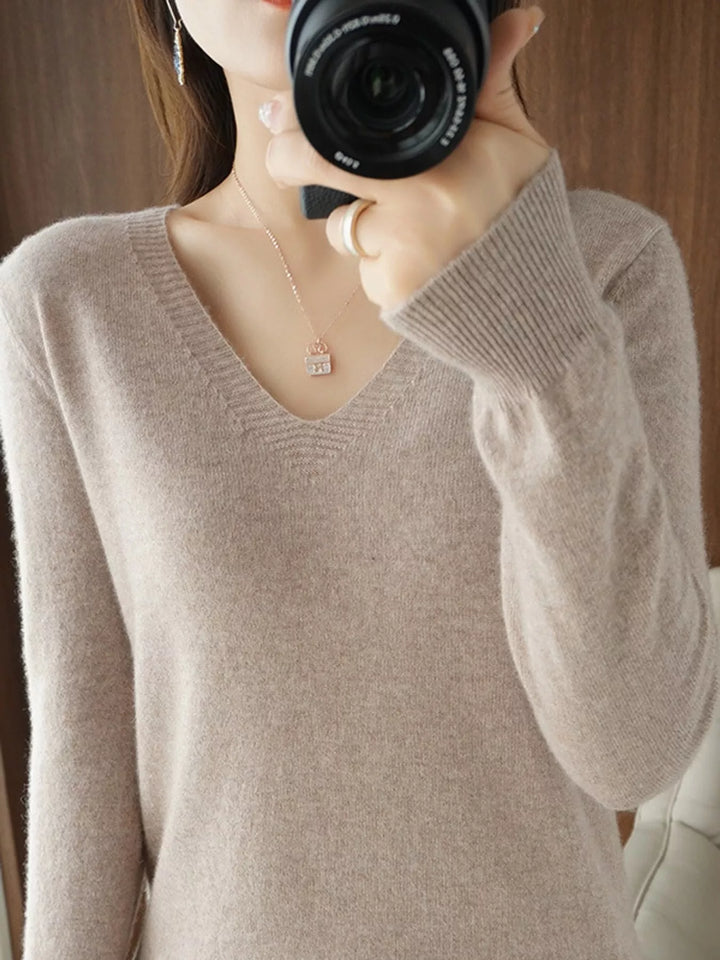 V neck sweater in light camel, on-model front view with long sleeves