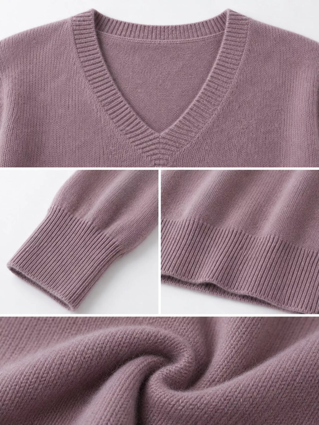 Close-up details of the light purple sweater neckline, ribbed cuff and hem