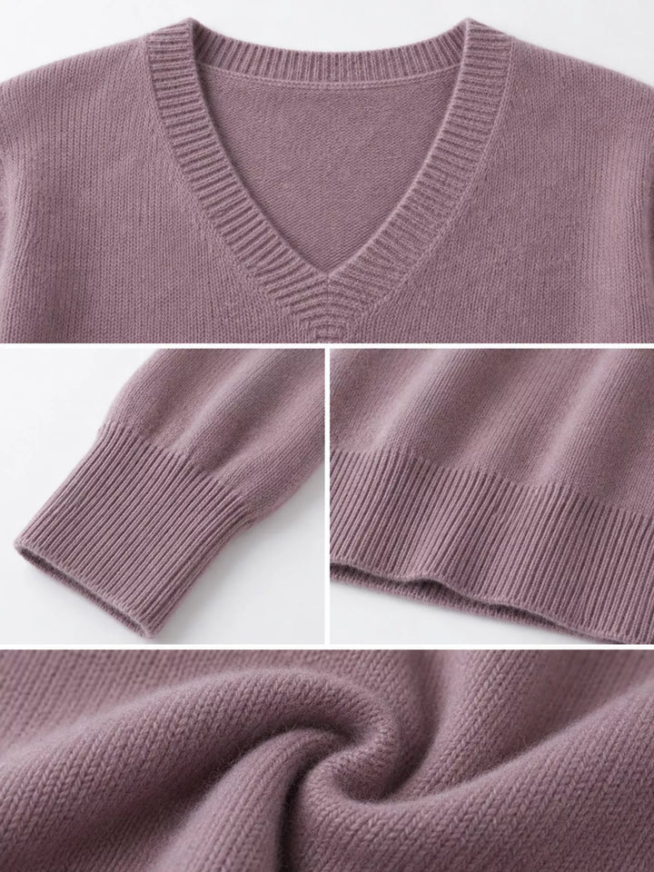 Close-up details of the light purple sweater neckline, ribbed cuff and hem