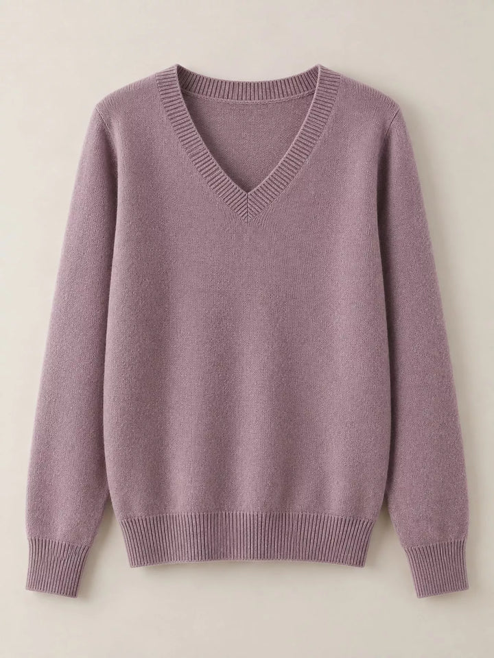 Flat front view of the light purple fine knit long sleeve V neck sweater