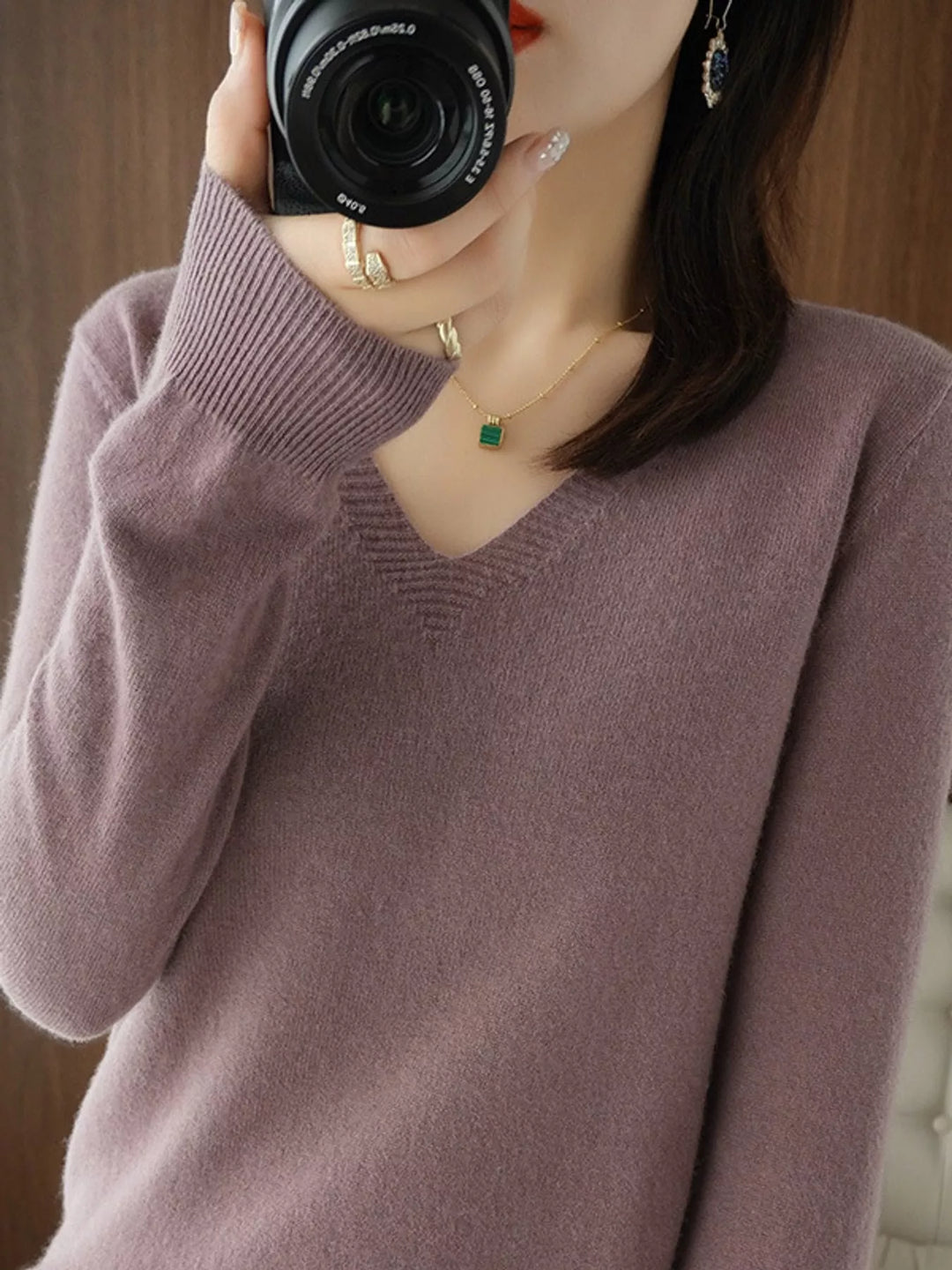 V neck sweater in light purple, on-model front view with long sleeves