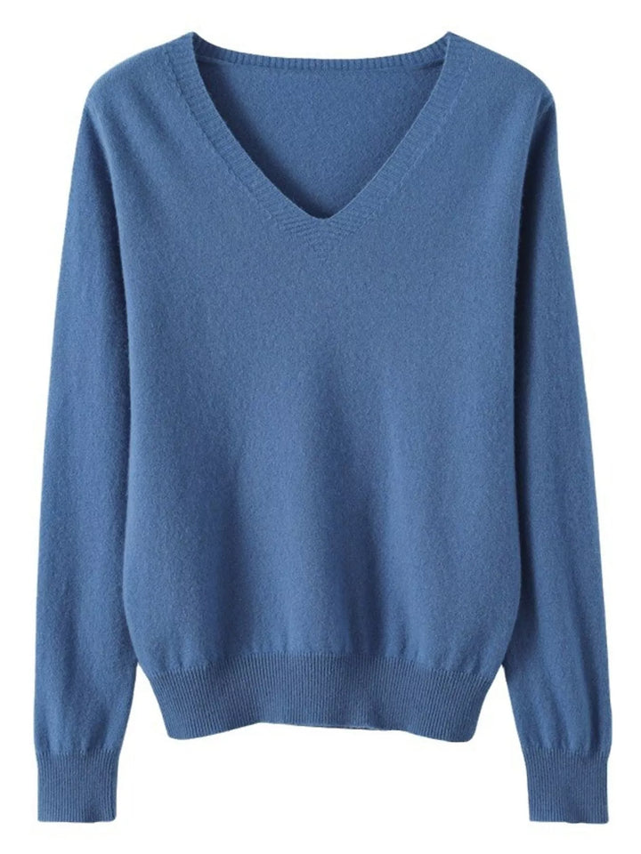 Flat front view of the misty blue fine knit long sleeve V neck sweater