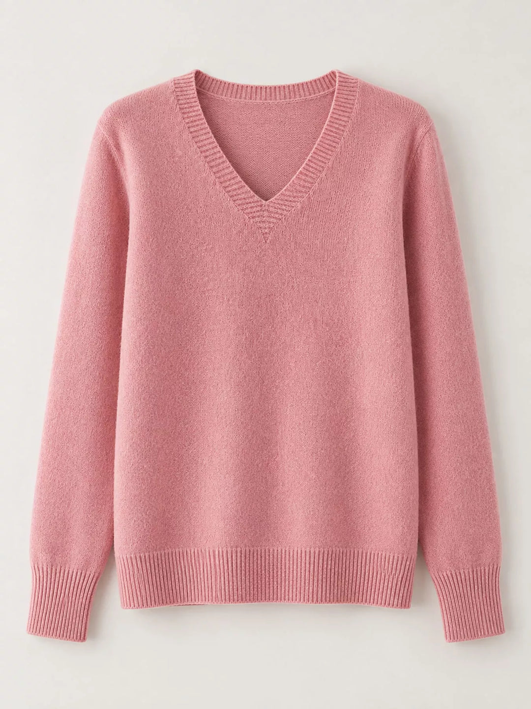 Flat front view of the pink fine knit long sleeve V neck sweater