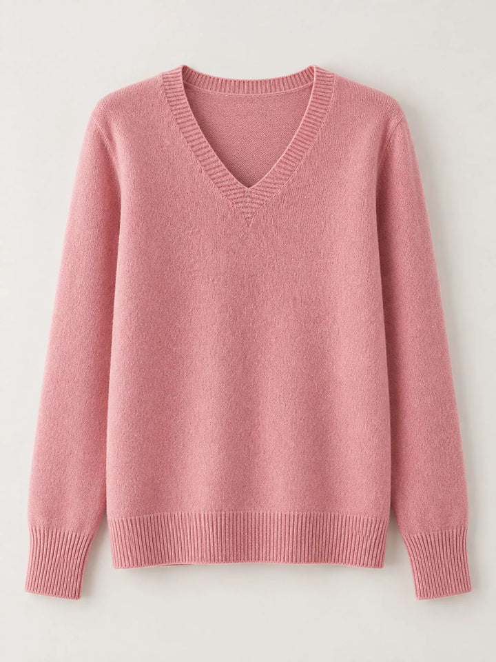 Flat front view of the pink fine knit long sleeve V neck sweater