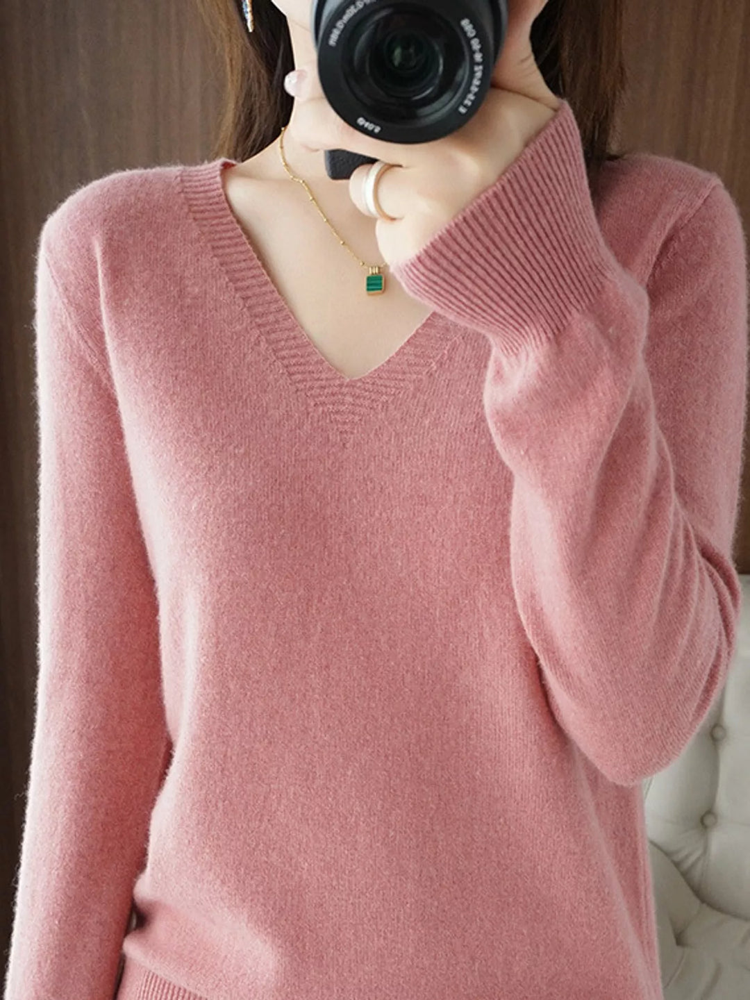 V neck sweater in pink, on-model front view with long sleeves