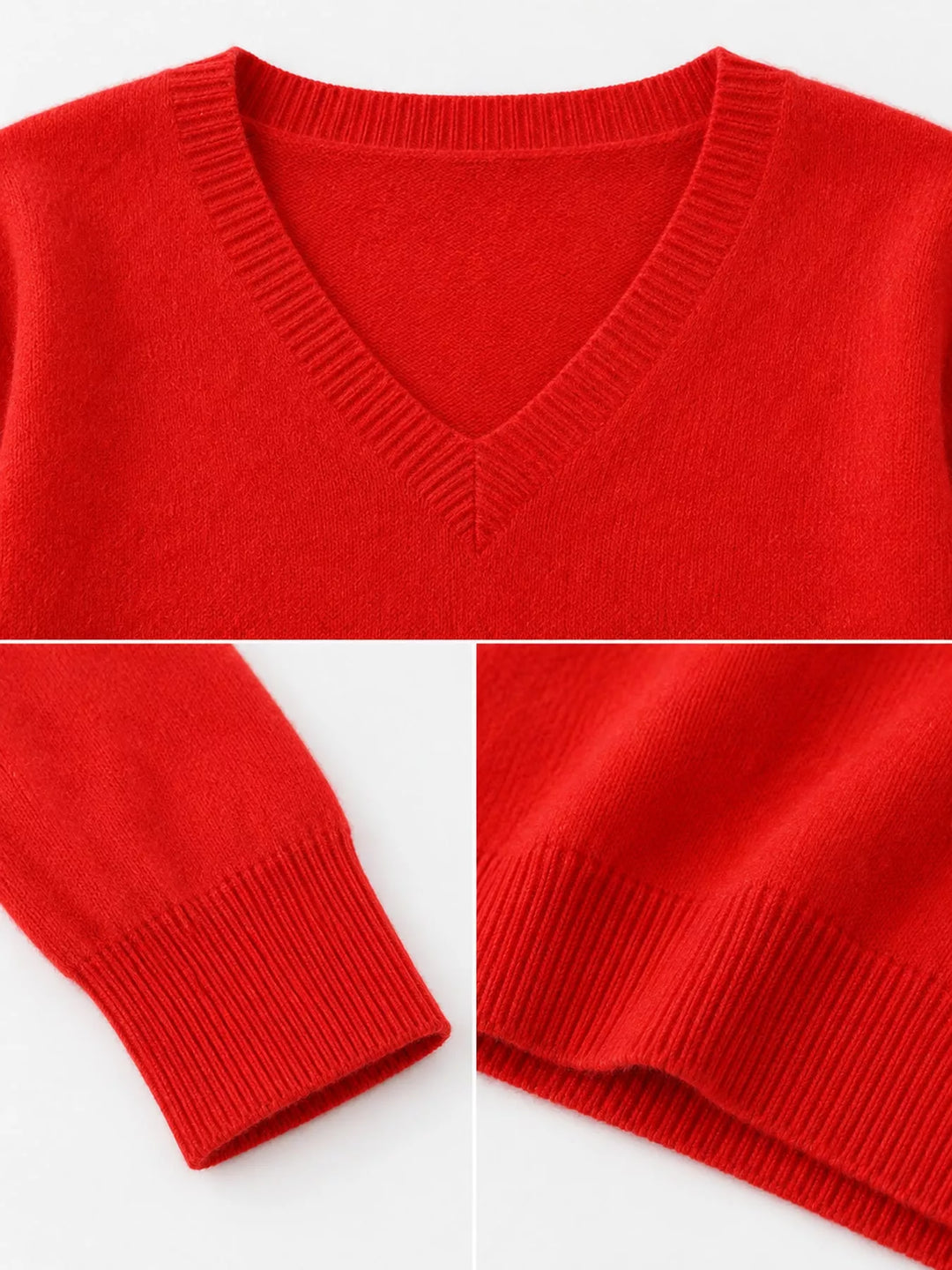 Close-up details of the red sweater neckline, ribbed cuff and hem