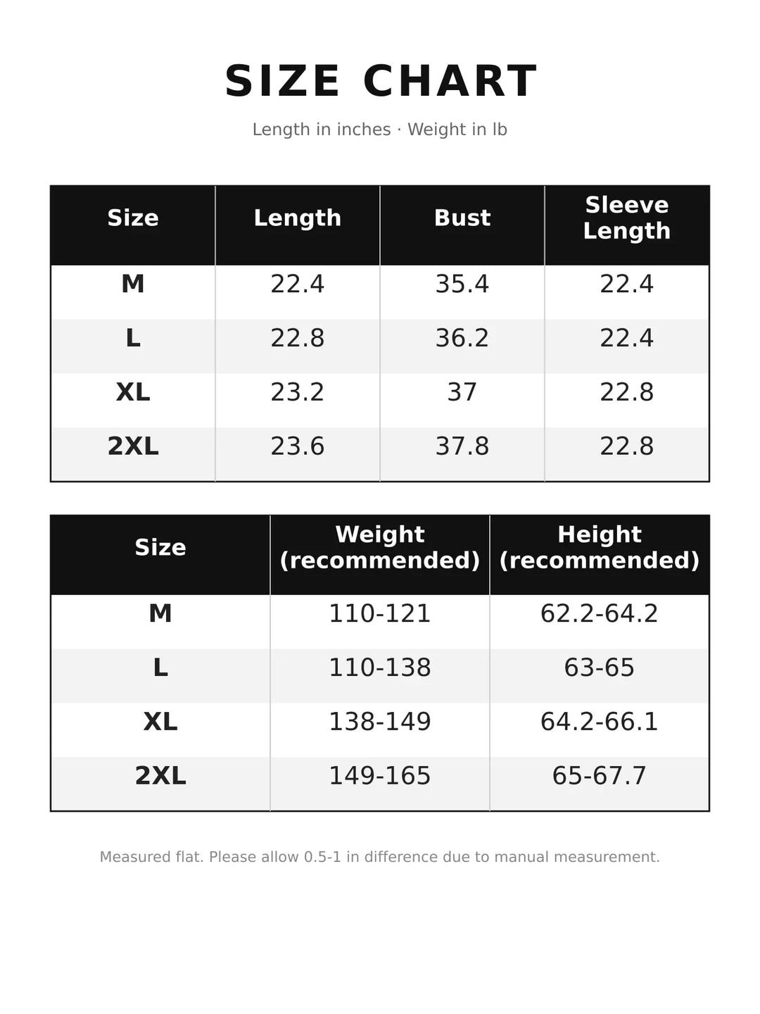 Size chart for the women's V neck sweater