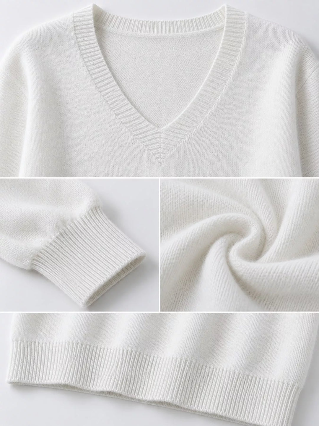 Close-up details of the white sweater neckline, ribbed cuff and hem