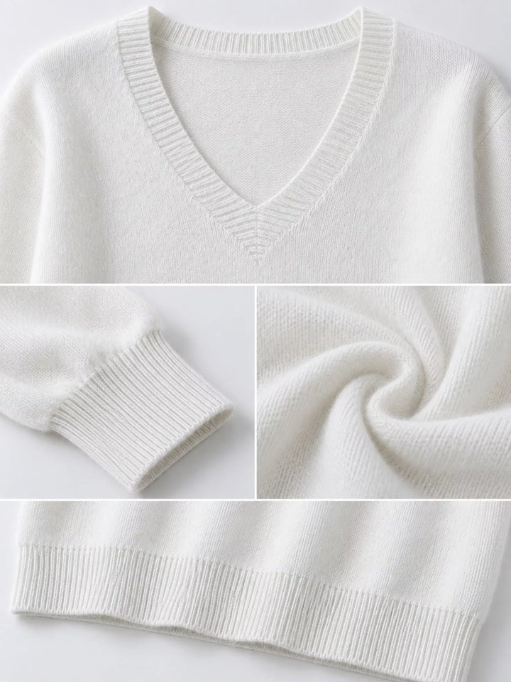 Close-up details of the white sweater neckline, ribbed cuff and hem