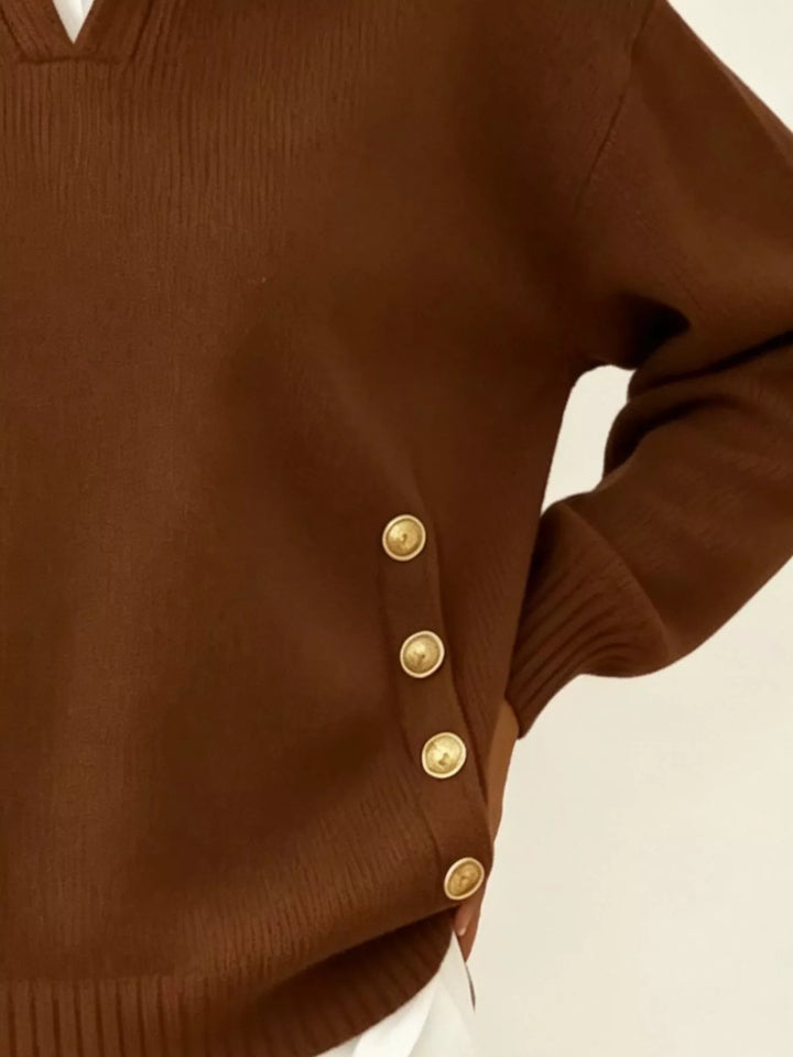 Polo collar gold-tone side buttons in brown, close-up detail 2