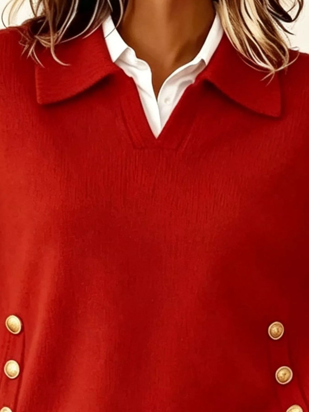 Polo collar gold-tone side buttons in red, close-up detail