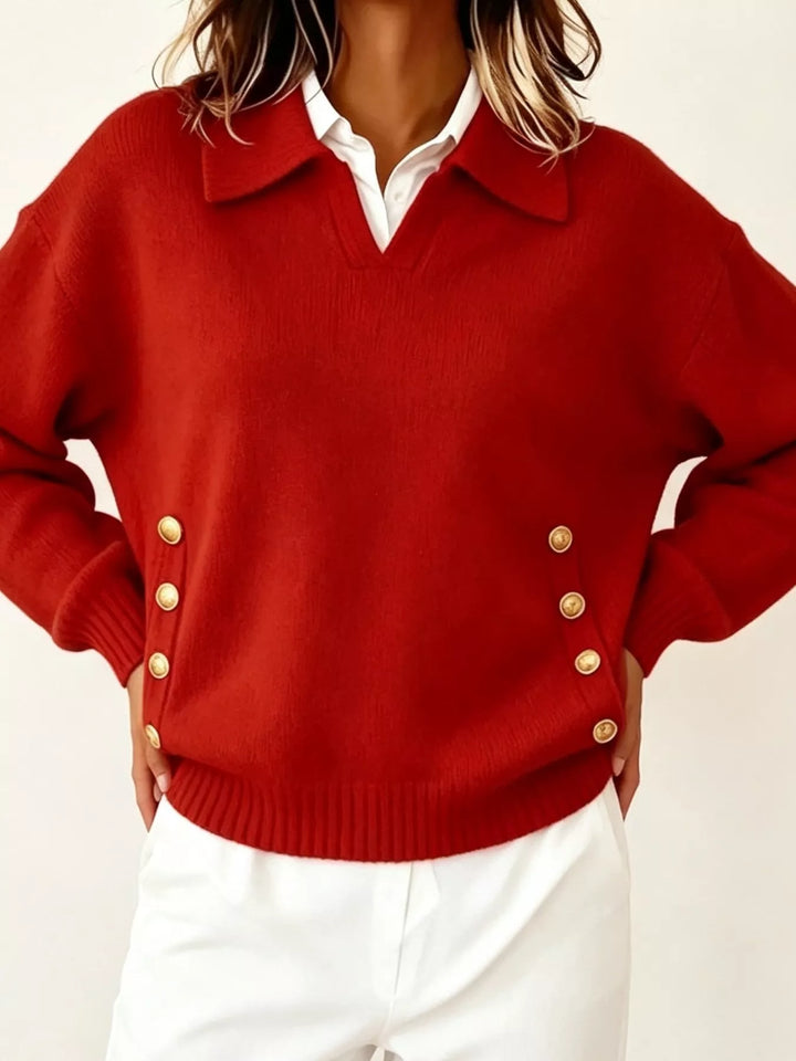 Women's v-neck sweater in red, polo collar gold-tone side buttons