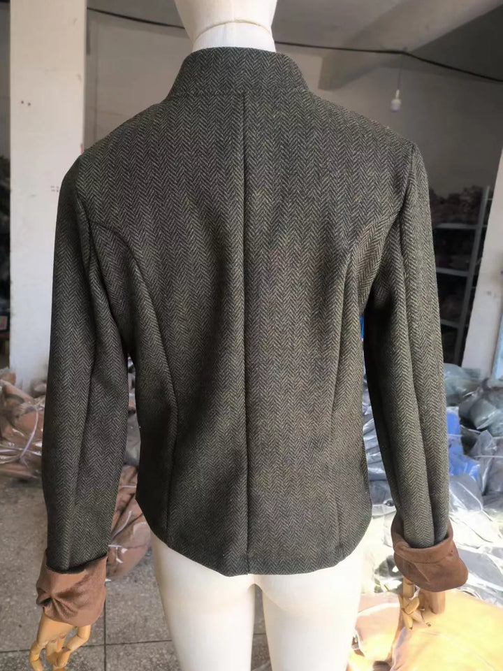 Herringbone stand collar button front in army green, back view 2