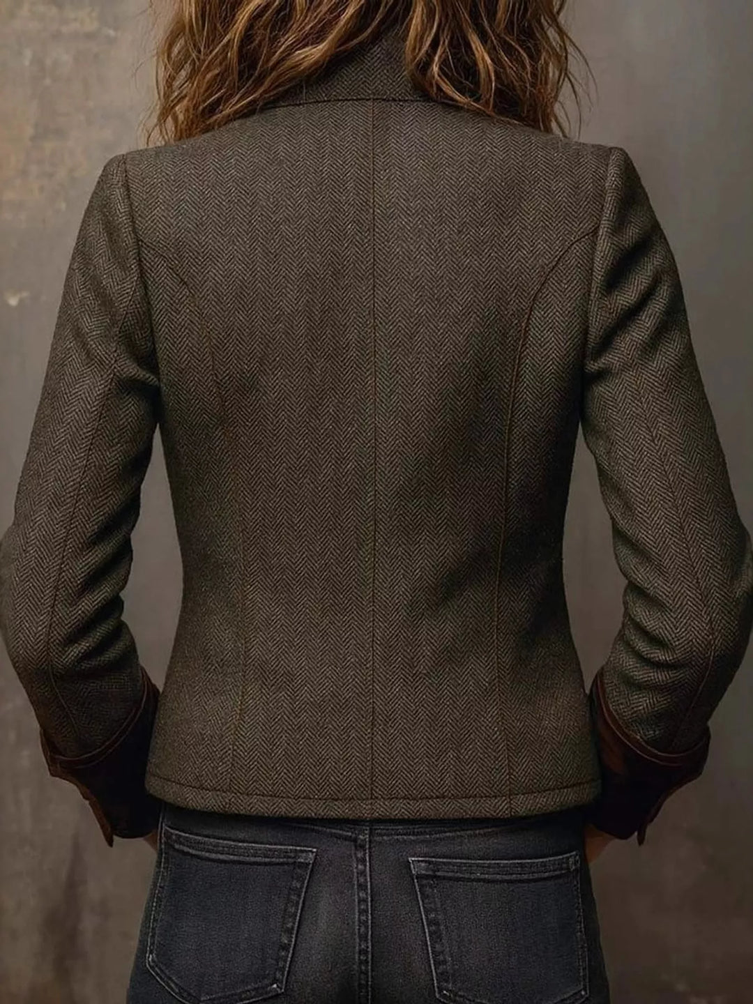 Herringbone stand collar button front in army green, back view