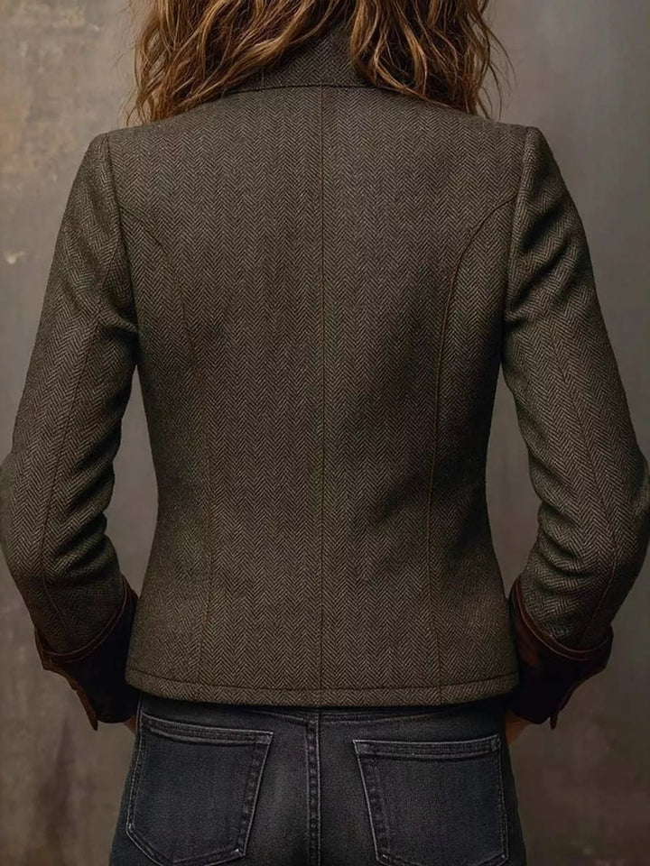 Herringbone stand collar button front in army green, back view