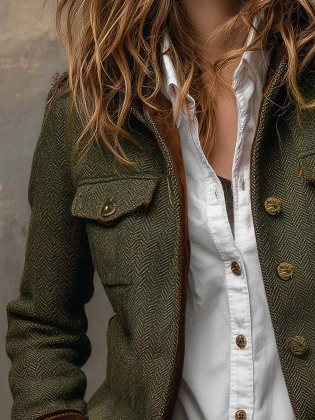 Herringbone stand collar button front in army green, close-up detail