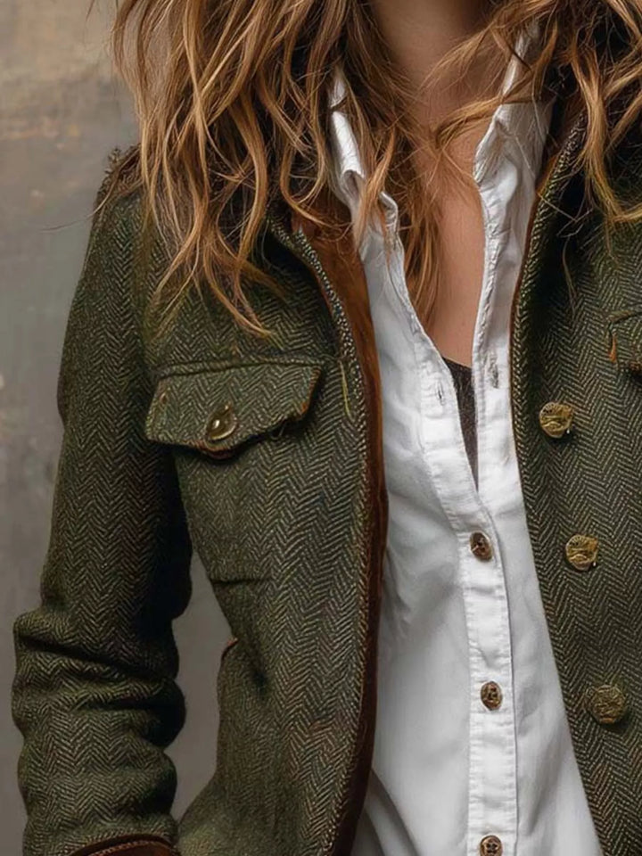Herringbone stand collar button front in army green, close-up detail