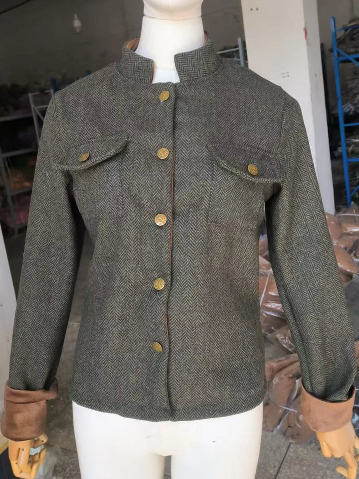 Herringbone stand collar button front in army green, front view 2