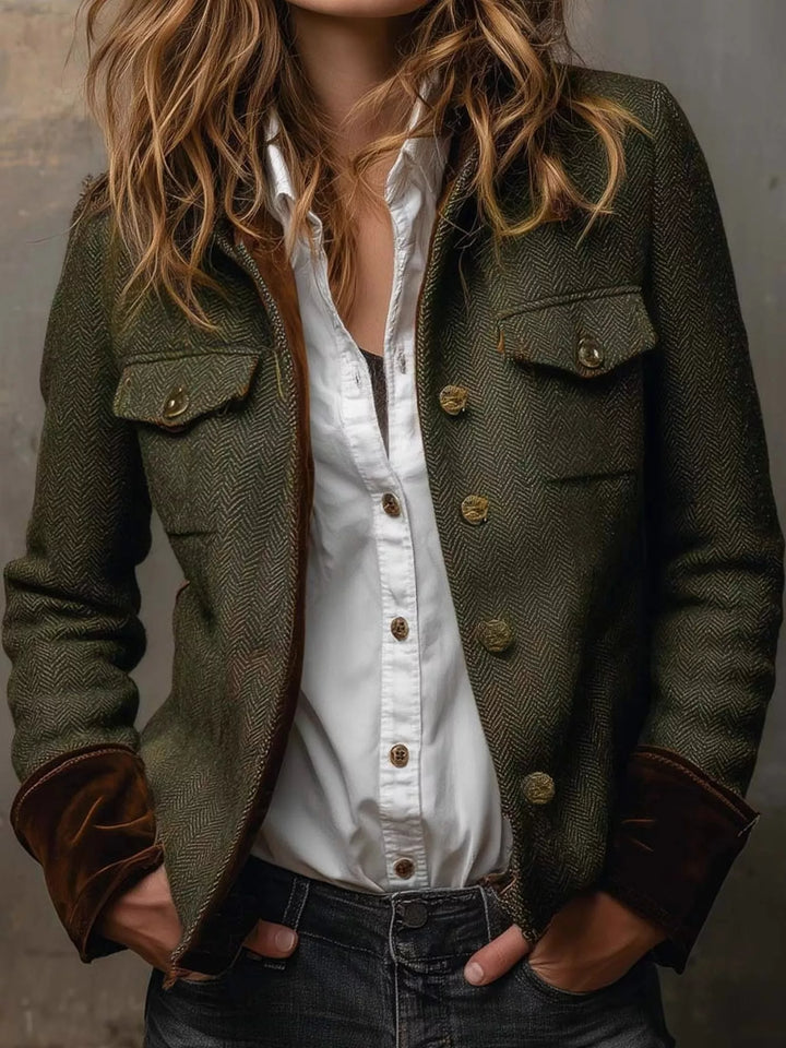 Women's velvet-look blazer in army green, herringbone stand collar button front