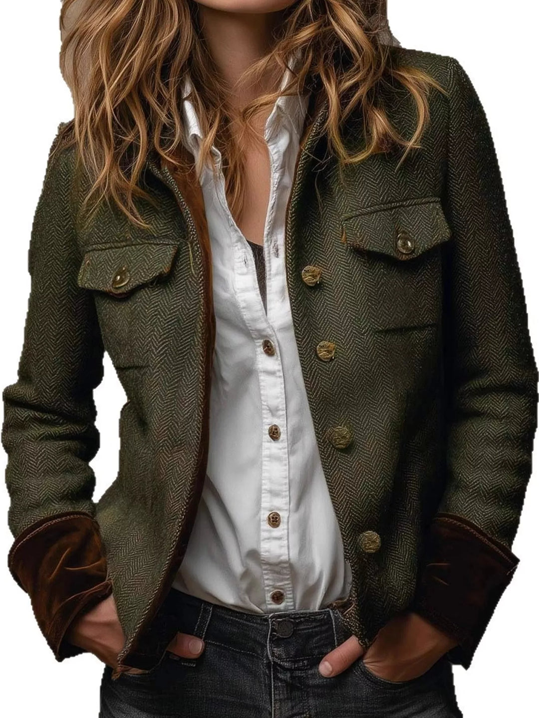 Herringbone stand collar button front in army green, styled on model 2