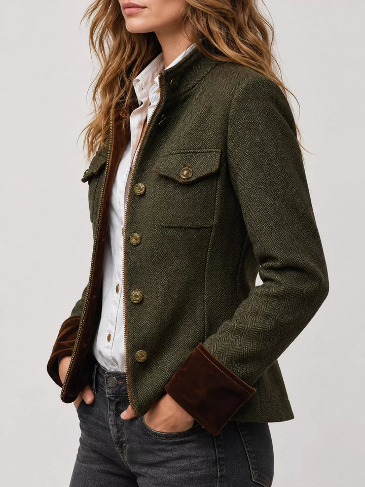 Herringbone stand collar button front in army green, styled on model 3