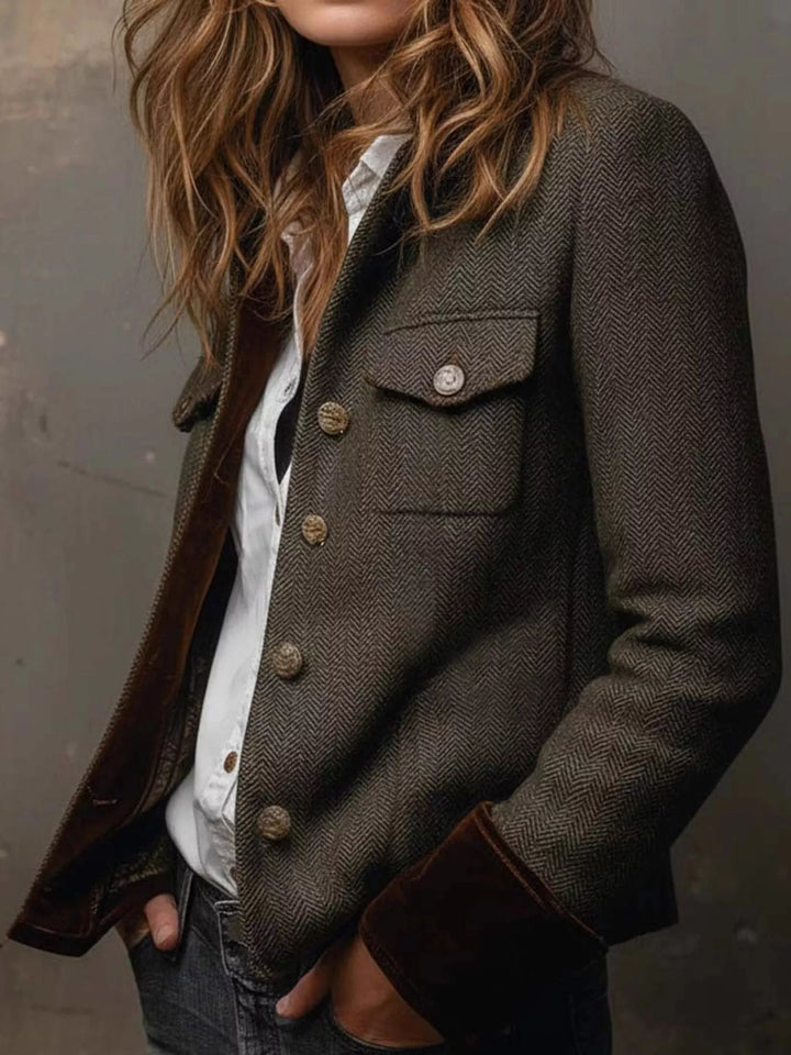 Herringbone stand collar button front in army green, styled on model