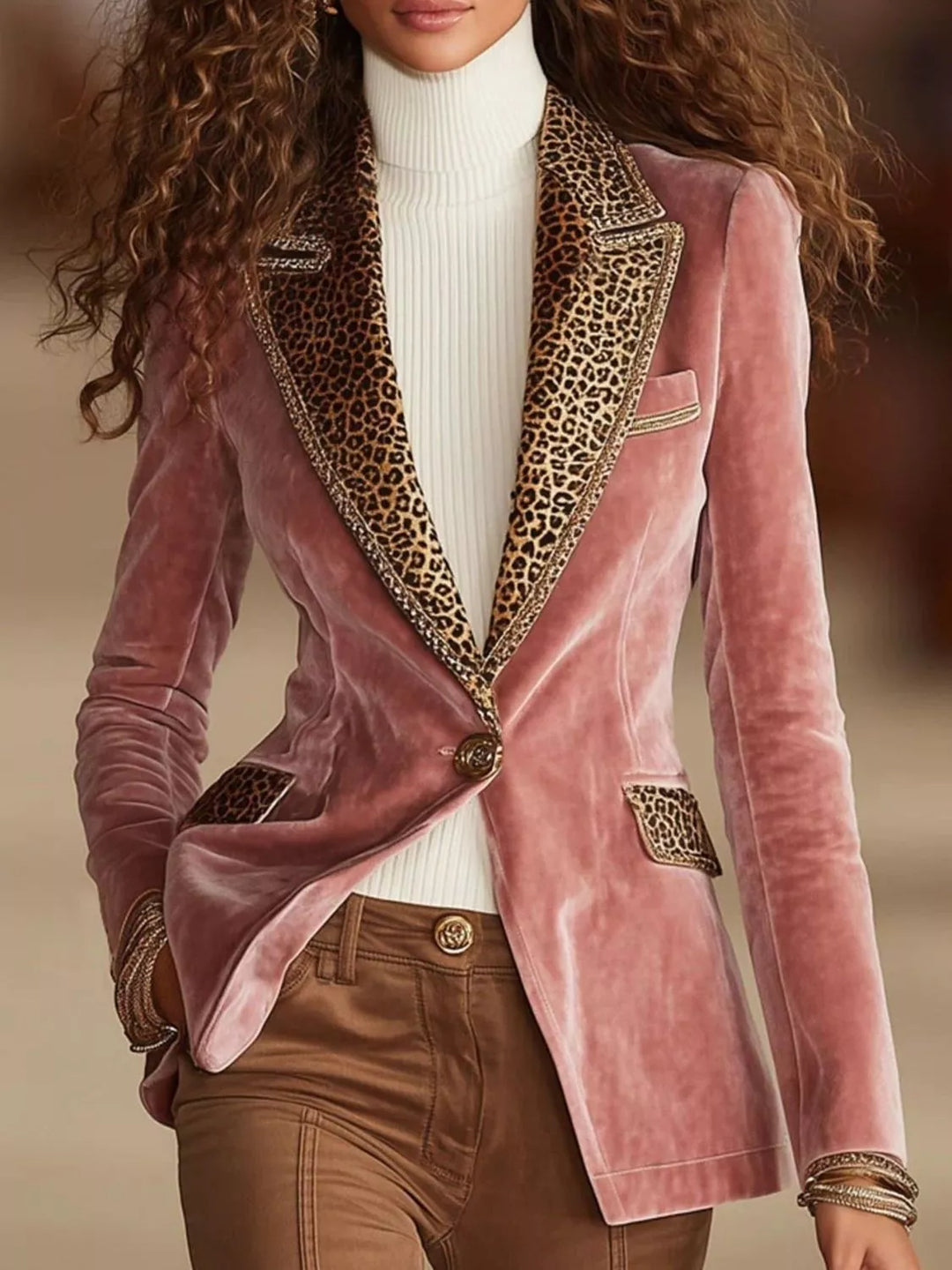Women's velvet-look blazer in pink, leopard print lapel one button