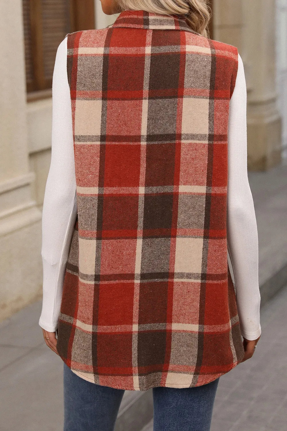 Back view of the terracotta plaid longline vest