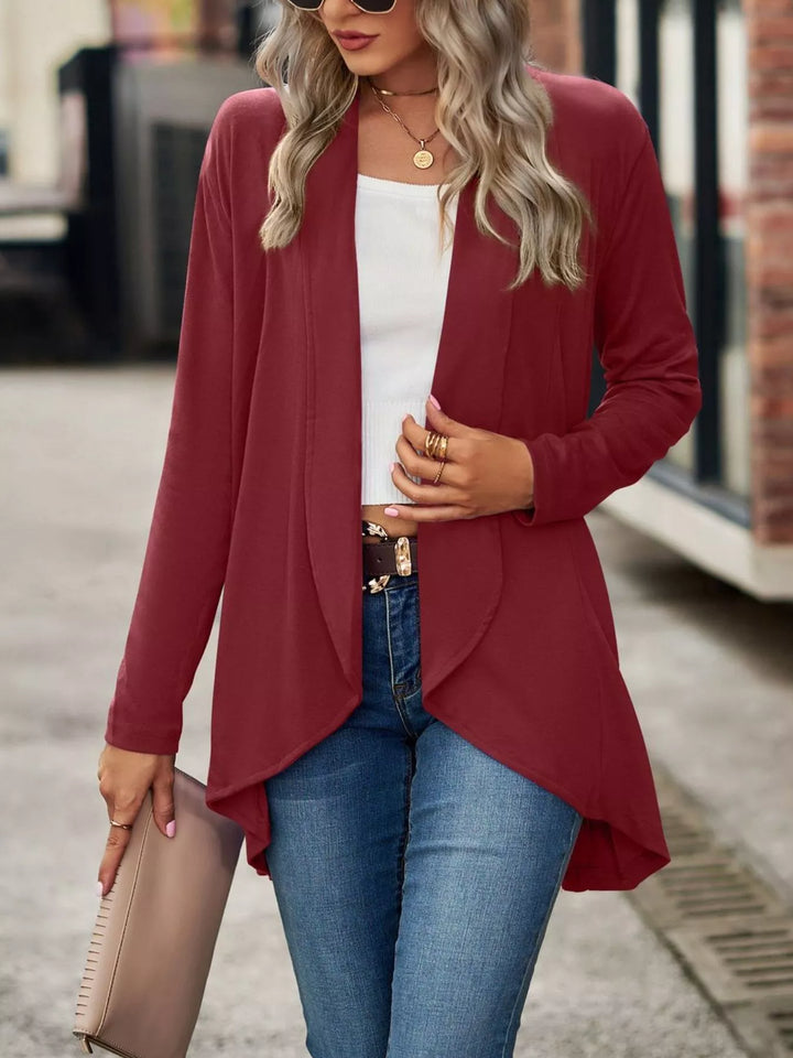 Burgundy waterfall cardigan with open front, styled with white tank and jeans