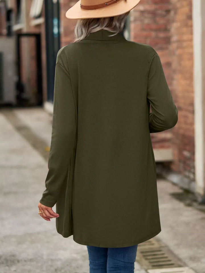 Back view of the olive green long cardigan with rounded hem